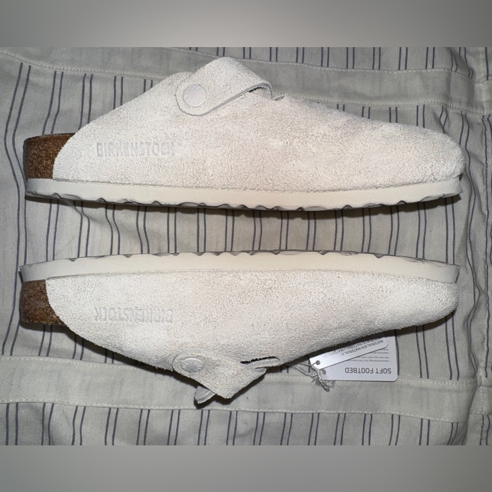 Birkenstock Boston Mules Antique White Suede Leather Slides - Picture 7 of 8